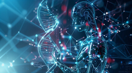 Artificial Intelligence Concept. Virtual person next to double-stranded DNA helix. - obrazy, fototapety, plakaty