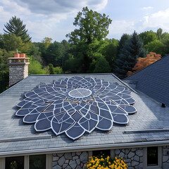 Solar panels on a house roof forming a radiant mandala, symbolizing sustainable energy - obrazy, fototapety, plakaty