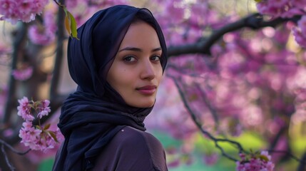 Graceful Woman in Hijab Posing at Springtime Blossom. Generative ai