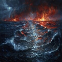 Artistic portrayal of a turbulent ocean with fiery horizon, evoking a sense of danger and the overpowering strength of natural elements - obrazy, fototapety, plakaty