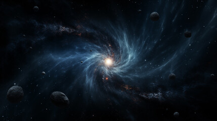 Dark space panorama filled with stars, stardust and planets sucking into a shining hole. Spiral...