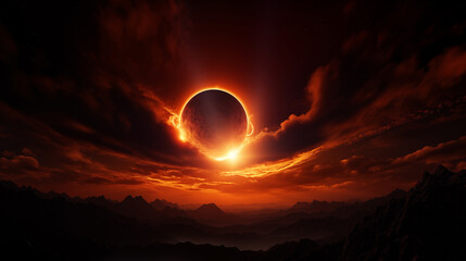 Dramatic view of a total solar eclipse over the mountains