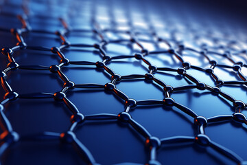 Fototapeta premium Graphene hexagonal lattice nanostructure made of carbon atoms, graphene molecular grid model on blue background