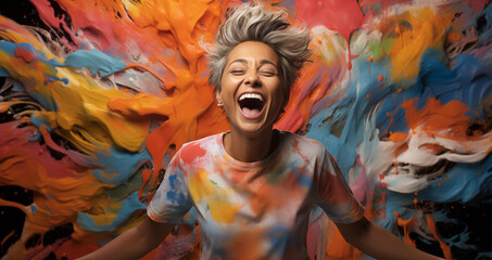 Happy woman in colored t-shirt against splashes of paint in motion colorful background. Creative...
