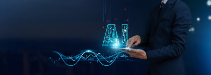 AI: Innovating Concept, Businessman Uses Tablet on AI-driven Global Networking, Data Analysis,...