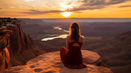 Woman in a red dress sitting on the top of the cliff looking at the sunset during golden hour. Tourist admiring a canyon landscape with river, gorge and chasm - obrazy, fototapety, plakaty