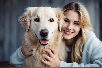 Young blonde woman hugging her pet white labrador. Smiling dog owner with her best friend
