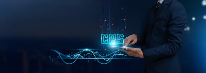 CPS (Cyber-Physical Systems) Concept: Businessman Uses Tablet on Interconnected Global Networking,...