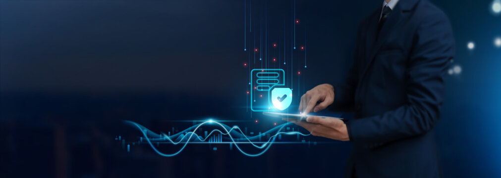 Compliance: Businessman Uses Tablet on Compliance Icon Global Networking, Ethical Practices, Legal Frameworks, Developing Smart Solutions from Digital Technology.