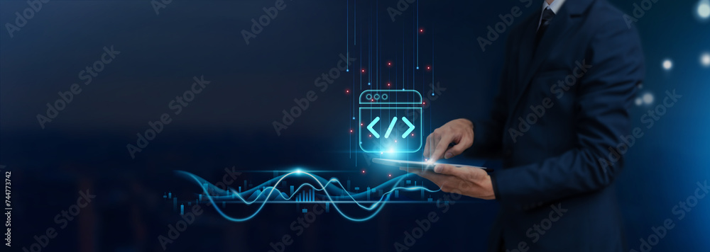 Fototapete web development concept: businessman uses tablet on web development global networking, coding, desig