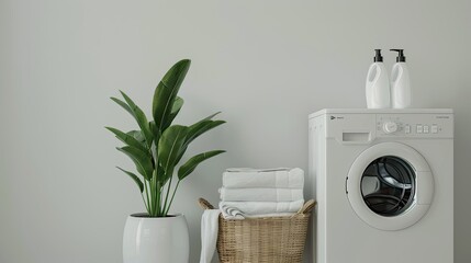 a washing machine positioned beside a white pot adorned with a plant and a nearby basket of towels, the meticulousness of household tasks.