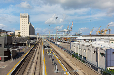 railway station in the port of Haifa against the background of clouds