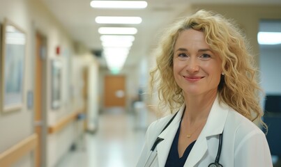 Middle aged smiling mature blond female doctor in light hospital smiling at camera