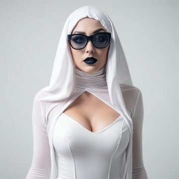 photo of a woman with black glasses in white ghost costume