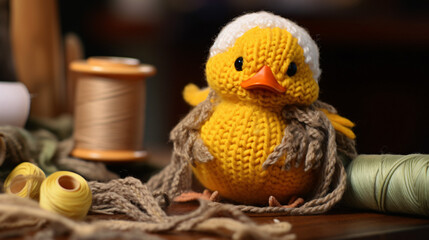 Obraz na płótnie Canvas Close-up of the scene of knitting a duckling doll