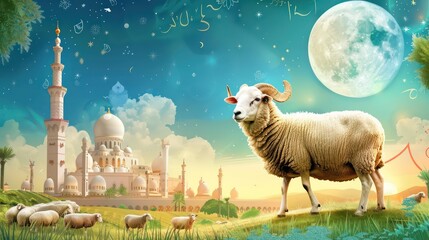 Obraz premium Eid ul-Adha with sacrificial animal, Eid ul Adha backgrounds with mosque and moon.