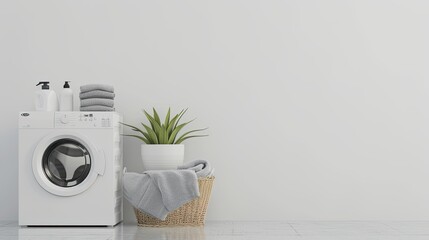 a washing machine positioned beside a white pot adorned with a plant and a nearby basket of towels, the meticulousness of household tasks. - obrazy, fototapety, plakaty