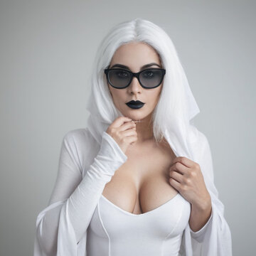 photo of a woman with black glasses in white ghost costume