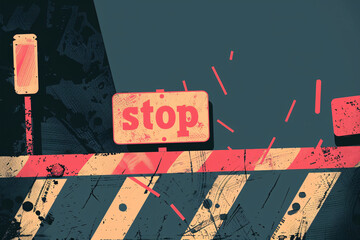 Grunge style stop sign with striped road barrier