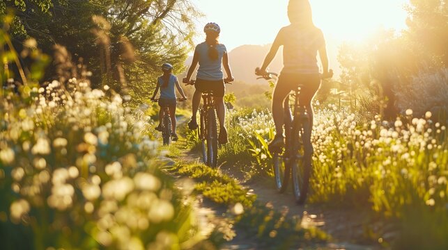 Back view of people riding bikes, scenic landscape, healthy activity