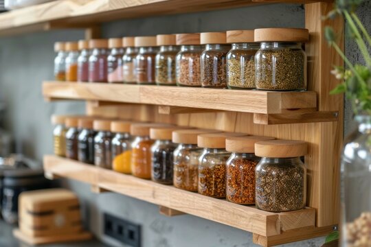Wooden spice rack in a kitchen holding an organized selection of jars filled with herbs and seasonings