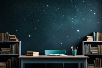 Vintage workplace featuring elegant wooden bookshelves, a spacious desk, and a serene starlit night sky mural, creating a tranquil and inspiring home office environment - obrazy, fototapety, plakaty