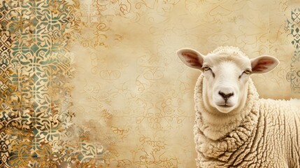 Naklejka premium Eid ul Adha backgrounds, copy space for text writing, sheep and goat with islamic patterns.