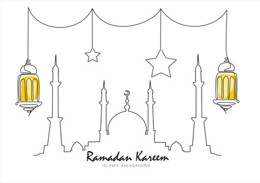 Ramadan kareem in one continuous line drawing. Islamic decoration with lanter, star and moon in simple linear style. muslim religious holiday celebration. Doodle vector illustration
