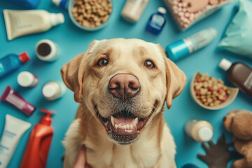 Labrador surrounded by a variety of pet care products.