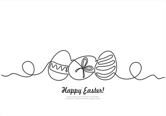 Easter eggs drawn by one line. Happy Easter concept. Greeting banner design. Modern Art. Vector illustration in minimalist style.