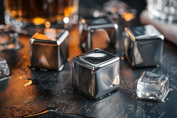 Stainless steel ice cubes on a dark surface alongside whiskey for chill and luxury beverage experience - obrazy, fototapety, plakaty