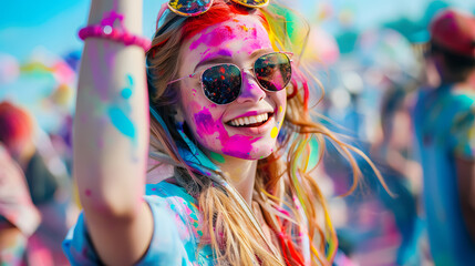happy woman covered in colorful paint during Holi festival - obrazy, fototapety, plakaty