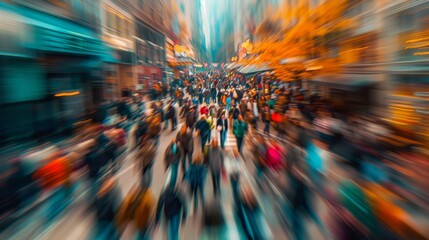 Crowd of people walking on on a city street, motion blur