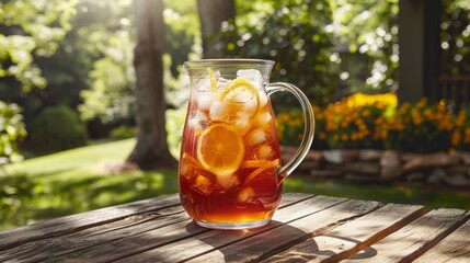 Glass pitcher of homemade lemon iced tea on an outdoor wooden table