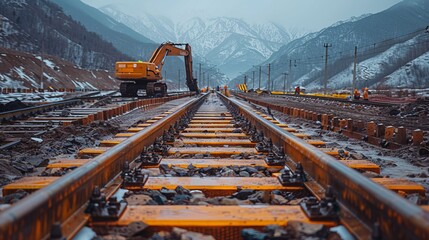 Workers are laying railways in hard to reach places with modern equipment - obrazy, fototapety, plakaty