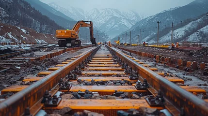 Foto op Plexiglas Workers are laying railways in hard to reach places with modern equipment © Дмитро Петрина