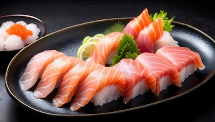 Sashimi and sushi on black dish