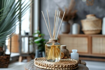 Organic reed diffuser with aroma sticks in a home interior decor setting for fragrance and wellness - obrazy, fototapety, plakaty