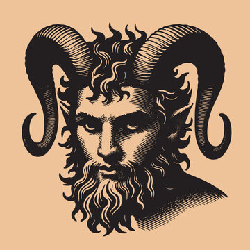Mythical satyr portrait. Beautiful vintage engraving illustration, emblem, icon, logo. Black lines