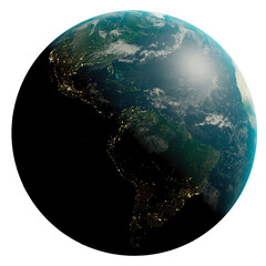 Earth seen from space partially lit with night lights. View of the South America and part of North America. Transparent background for composition and mockup. 3d illustration.	