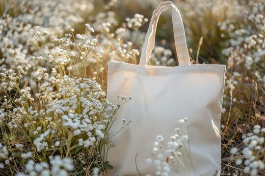Organic cotton tote bag in a field of white flowers showcasing eco-friendly sustainable nature accessory