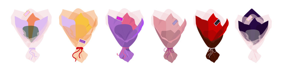 Obraz premium Empty flower bouquets wrapping set. Different colored paper, fabrik wrapping bouquets with ribbons and cards. Vecor illustration isolated on white background