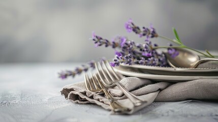 Fototapeta na wymiar High perspective of a table arrangement with lavender flowers, a napkin, and silver flatware against a blurry gray background