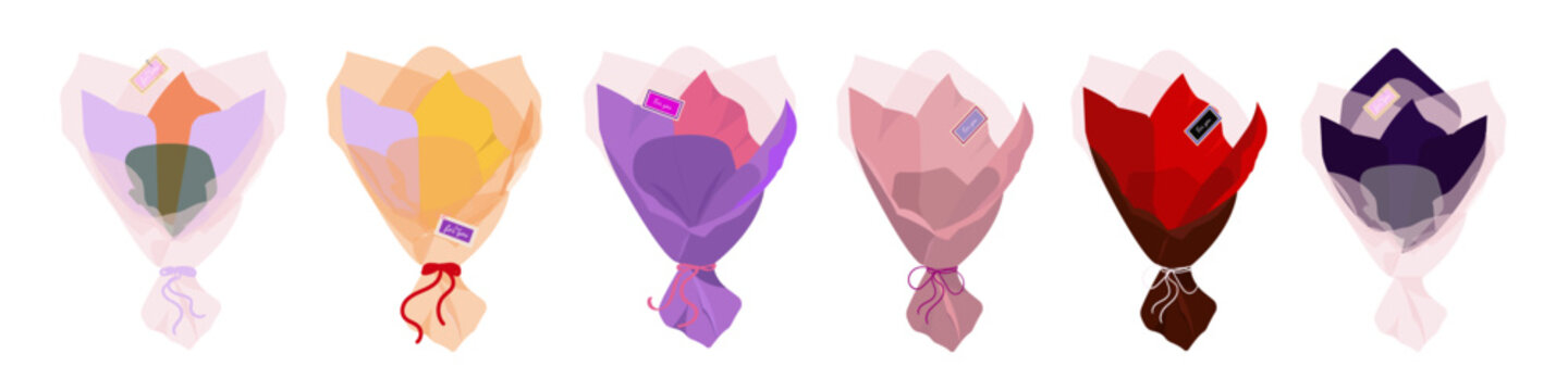 Empty flower bouquets wrapping set. Different colored paper, fabrik wrapping bouquets with ribbons and cards. Vecor illustration isolated on white background