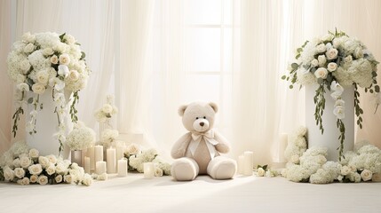 beautiful flowers alongside a cuddly bear toy dressed in light-colored clothing, surrounded by festive garments, all set against a soft light background, a reverent touch.