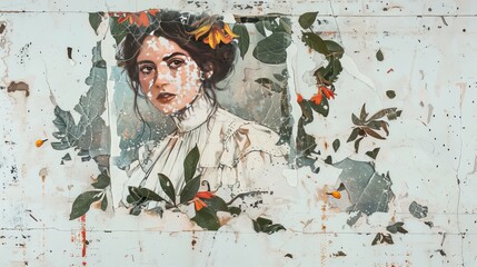 abstract modern art paper collage of a woman dressed in vintage attire, torn in two, with flowers and foliage on a run-down background