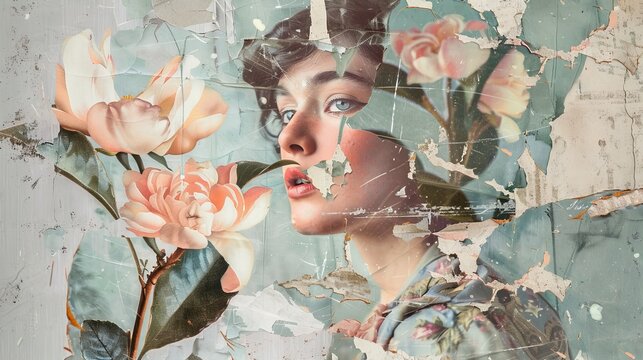 abstract modern art paper collage of a woman dressed in vintage attire, torn in two, with flowers and foliage on a run-down background
