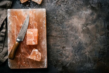 Himalayan salt slab on a dark background with cooking knife and mineral chunks