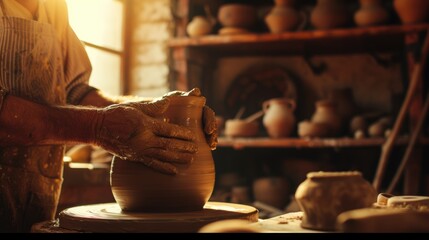 A man is crafting tableware on a pottery wheel, creating dishes for food and drinks. AIG41