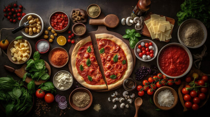 Pizza y ingredientes - obrazy, fototapety, plakaty